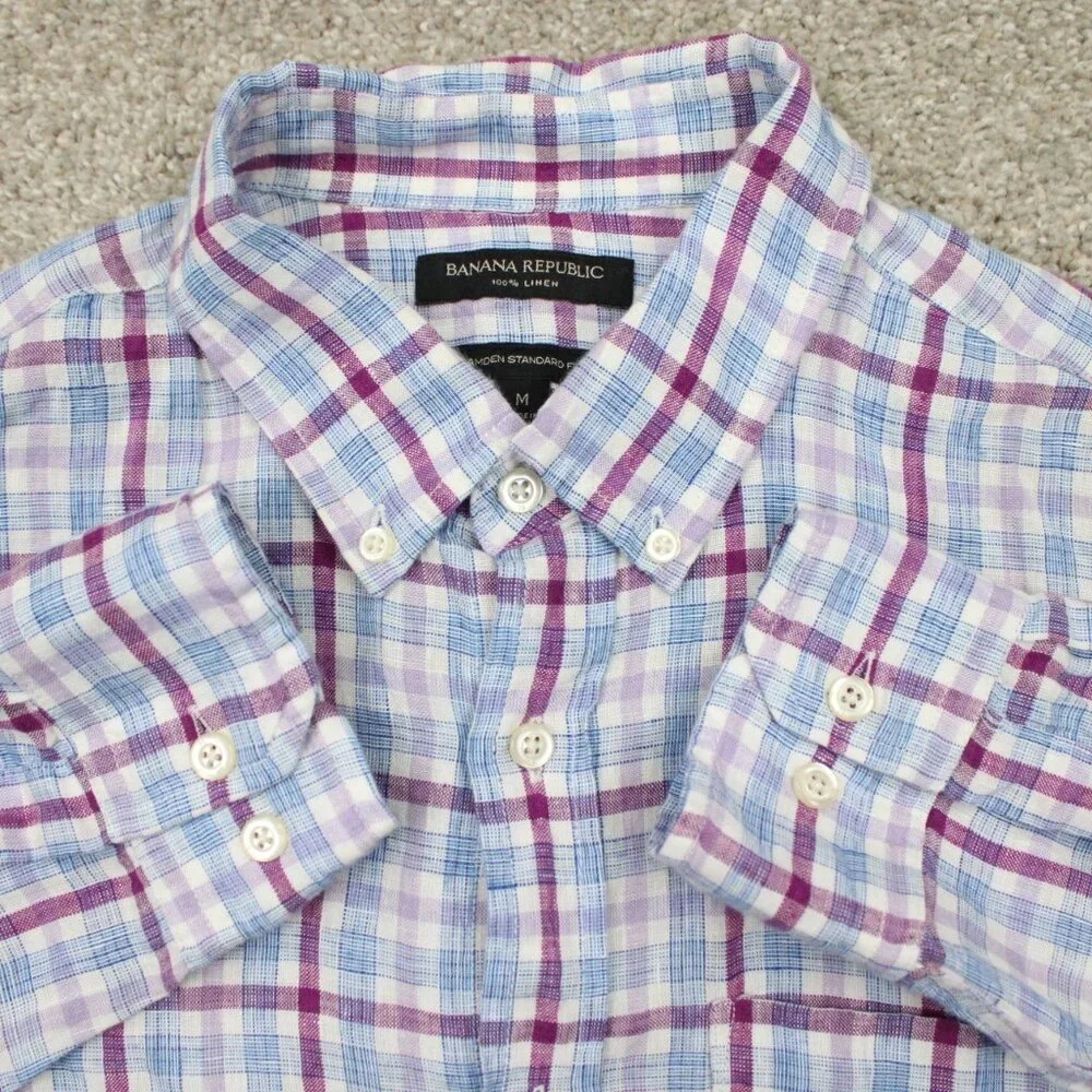 Banana Republic Camden Standard Fit Shirt Mens Medium‎ Red/Blue 100% Linen L/S